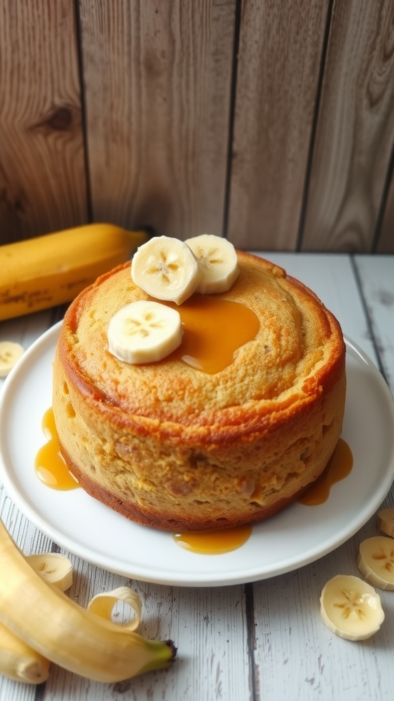 A simple vegan cake topped with banana slices and maple syrup, served on a plate.
